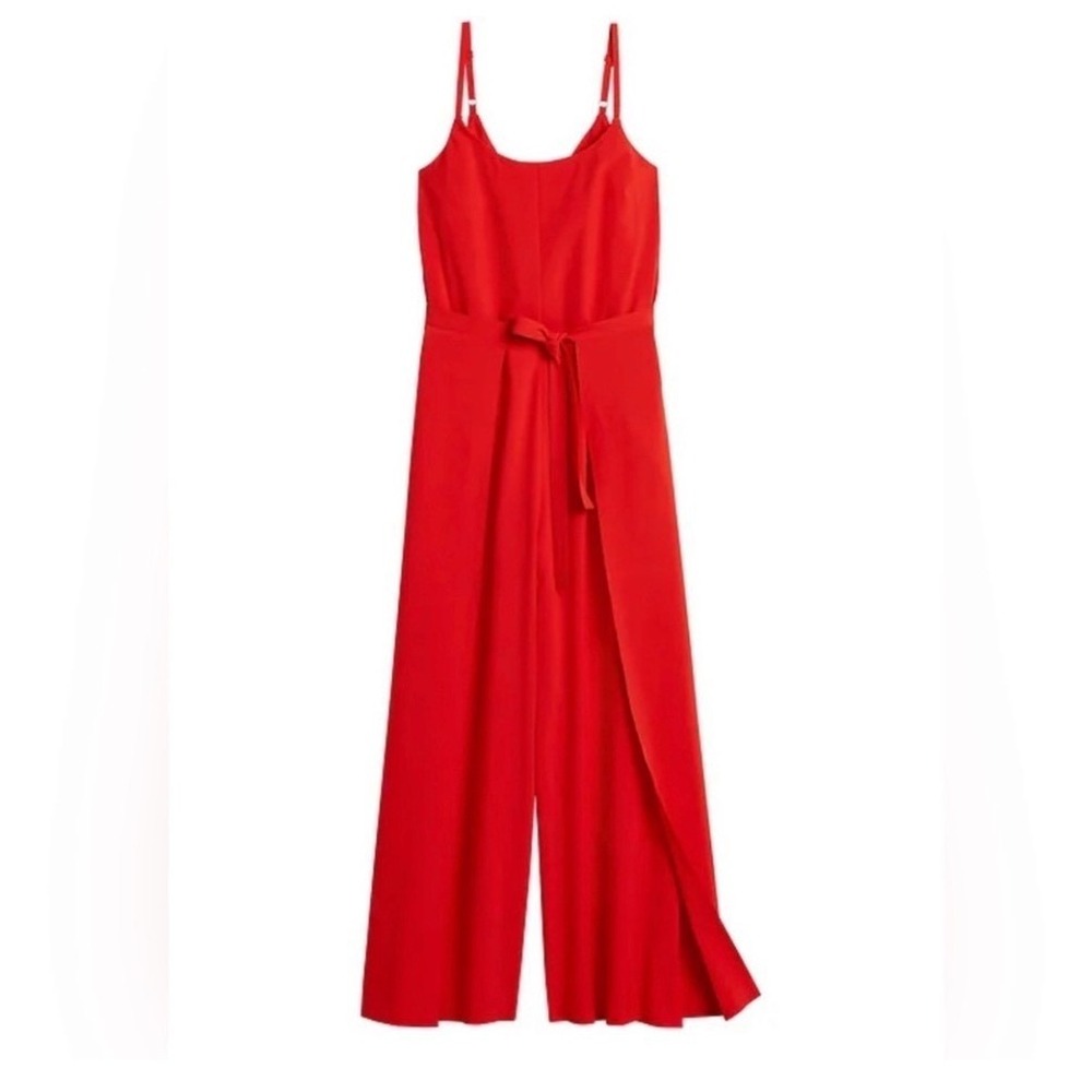 Athleta It's A Wrap Romper Jumpsuit Red Wide Leg Slit Red Tie Waist 6